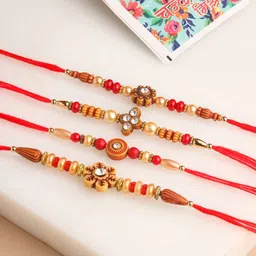 Anouk Set of 4 Artificial Stones Floral Thread Rakhi With Roli Chawal Chandan Mishri image 1