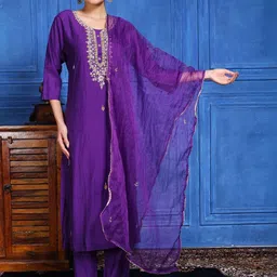 Meena Bazaar Women Ethnic Motifs Embroidered Regular Kurta with Trousers & Dupatta-image-44