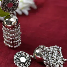 JOHARKAMAL German Silver-Plated Artificial Stones Studded And Beaded Oxidised Dome Jhumkas image 2