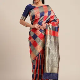 Mitera Red & Navy Blue Silk Blend Woven Design Kanjeevaram Saree-picture-50