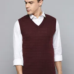 Louis Philippe Men Burgundy Self-Checked Sweater Vest-picture-38