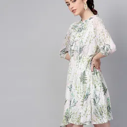 SASSAFRAS Off-White & Green Floral Printed A-Line Dress image 4