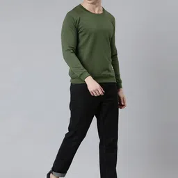 TOM BURG Men Olive Green Solid Fleece Sweatshirt image 3