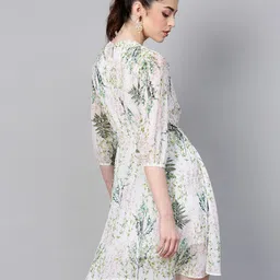 SASSAFRAS Off-White & Green Floral Printed A-Line Dress image 5