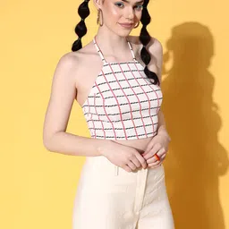 Veni Vidi Vici White & Black Checked Halter Neck Crop Top image 4