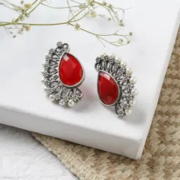 Teejh Ethnic Mahir Red Silver Oxidized Stud Earrings-picture-23