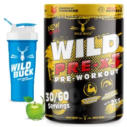 WILD BUCK Wild Pre-X3 Hardcore Pre-Workout Supplement Powder With Creatine Monohydrate, Arginine Aakg, Explosive Muscle Pump -For Men & Women [30-60 Servings, Green Apple, 255 gram] Free Shaker image 1