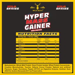 Wild Buck Hyper Mass Gainer, High Protein Muscle Mass Gainer with Creatine + Taurine,1053 Calories & 40g Protein, Gain Strength & Size,for Men & Women [Chocolate Fudge,1 Kg Powder] Free Shaker image 4