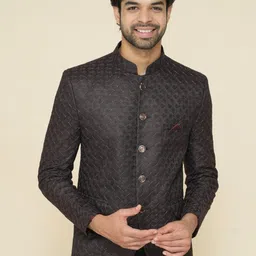 House of Pataudi Self-Design Mandarin Collar Tailored-Fit Pure Cotton Jodhpuri Blazer-image-99