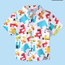 Babyhug Cotton Knitted Half Sleeves  Regular Collar Shirt Animals Printed  - White-picture-18