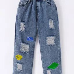 Kookie Kids Full Length Distressed & Patched Detailing Denim Jeans - Blue-image-3