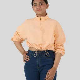 tweeny mini Cotton Full Sleeves Solid Zipper Sweatshirt - Apricot Peach-picture-17