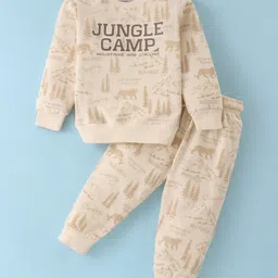 Smarty Boys 100% Cotton Knit Full Sleeves T-Shirt & Lounge Pants Set With Jungle Camp Print - Khaki-image-68