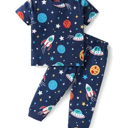 Babyhug Cotton Knit Half Sleeves Night Suit With Space Theme Print - Navy-image-24