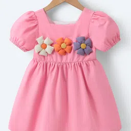 Mark & Mia Cotton Half Puffed Sleeves Frock with Floral Applique - Pink-picture-26