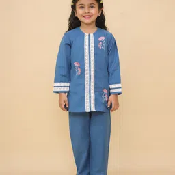 Little Ginnie Cotton Full Sleeves Floral Embroidered & Lace Embellished Kurta Pant Set - Blue-picture-19