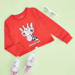 Pantaloons Junior Cotton Full Sleeves Sequins Embellished & Giraffe Printed Tee - Red-picture-11