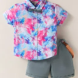 ToffyHouse Poplin Knit Half Sleeves Tie & Dye Shirt & Shorts with Bow & Suspender - Teal Blue-picture-13