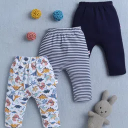 BUMZEE Cotton Pack Of 3 Striped & Dinosaurs Printed Diaper Leggings - Navy Blue & White-image-25