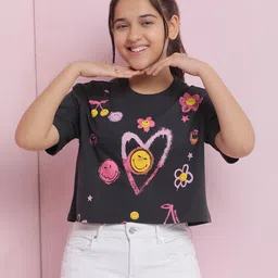 Lil Tomatoes Cotton Jersey Half Sleeves Heart Printed Crop Top - Charcoal-picture-10