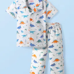 Babyhug Cotton Woven Half Sleeves Co-ords Night Suit With Dino Print - White-picture-16