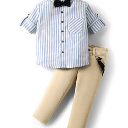 Rikidoos Full Sleeves Striped Shirt Pant With Bow & Suspender Set - Light Blue & Beige-picture-21