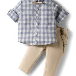 ToffyHouse 100% Cotton Woven Full Sleeves Checkered Shirt & Trouser Set with Bow & Suspender - Tan & Light Blue-picture-32