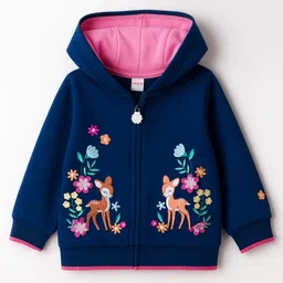 Babyhug Cotton Knit Full Sleeves Hooded SweatJacket with Animal & Floral Embroidery - Navy Blue-picture-21