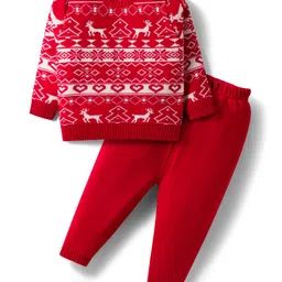 Babyhug Knit Full Sleeves Sweater Set With Deer Design - Red-picture-15