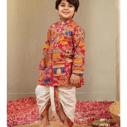 AJ Dezines Cotton Woven Full Sleeves Farm & Animals Printed Kurta Dhoti Set - Pink-picture-27