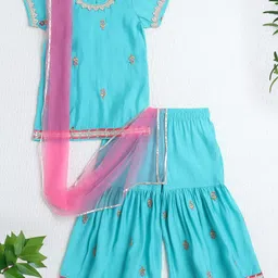 The Magic Wand Woven Half Sleeves Floral Embroidered & Gota Lace Embellished Kurti Sharara With Dupatta Set - Aqua Blue-picture-13