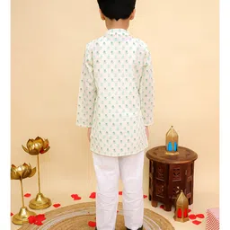 AJ Dezines Cotton Woven Full Sleeves Floral Printed Kurta Pyjama Set - Green image 3