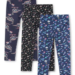 Ariel Cotton Knit Pack Of 3 Dinosaur & Floral Printed Leggings - Navy Blue Black & Blue image 3