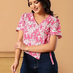 L R TEXTILES Women Pink Print Wrap Cotton Top image 2