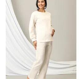 The Mom Store Cotton Full Sleeves Solid Coordinating Maternity Top With Nursing Access & Pajama Set - Off White image 4