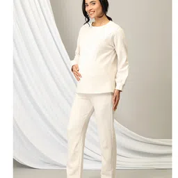 The Mom Store Cotton Full Sleeves Solid Coordinating Maternity Top With Nursing Access & Pajama Set - Off White image 5