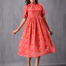 MODA-Q Women Floral Print Choker Neck Puff Sleeve A-Line Midi Dress image 2