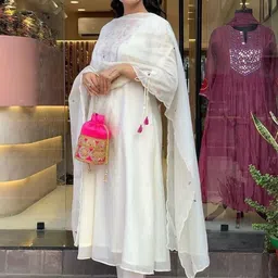 ROZLAND Women Ethnic Motifs Embroidered Regular Mirror Work Kurta with Trousers & With Dupatta image 3