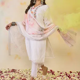 Indo Era Women Floral Embroidered Regular Thread Work Pure Cotton Kurta with Trousers & With Dupatta-picture-39