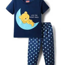 Babyhug Cotton Knit Half Sleeves Night Suit Teddy Print -  Blue-picture-26