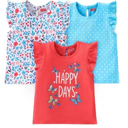 Babyhug Cotton Knit Sleeveless T-Shirt with Frills Floral & Dot Graphics Pack of 3- Blue & Red-picture-10