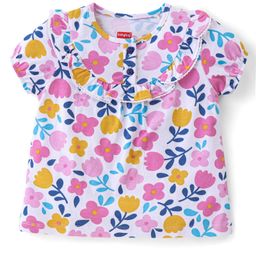 Babyhug Cotton Half Sleeves Top With Frills and All Over Floral Print - White-picture-31