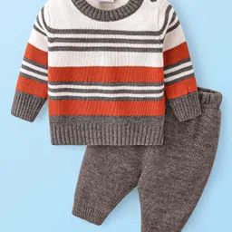 Babyhug Knitted Full Sleeves Striped Pullover Sweater Set - Grey-picture-17
