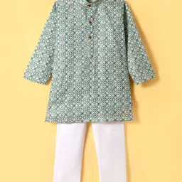 Ridokidz Full Sleeves Geometric Printed Kurta Pyjama Set - Green-picture-16