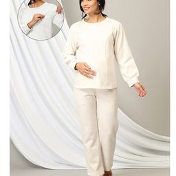 The Mom Store Cotton Full Sleeves Solid Coordinating Maternity Top With Nursing Access & Pajama Set - Off White-picture-21