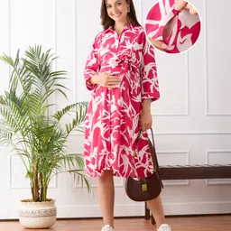 Bella Mama Woven Three Fourth Sleeves Maternity Shirt Dress With Floral Print - Pink-image-75