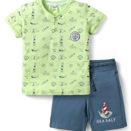CUCUMBER Sinker Knit Half Sleeves Henley Neck T-Shirt & Shorts Set With Nautical Theme Print - Neon Green & Blue-picture-45