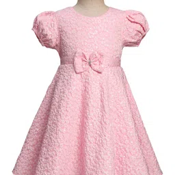 Babyhug Mesh Woven Puffed Sleeves Fit & Flare Party Dress with Embossed Design & Bow Applique - Pink-picture-27