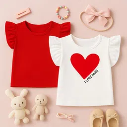 Luke and Lilly Cotton Knit Pack Of 2 Half Frill Sleeves Solid & Heart Printed Tops - White & Red-picture-17