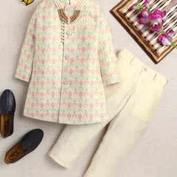 Ahhaaaa Viscose Woven Full Sleeves Leaves Embroidered Sherwani & Pant With Mala Set - Cream-picture-35